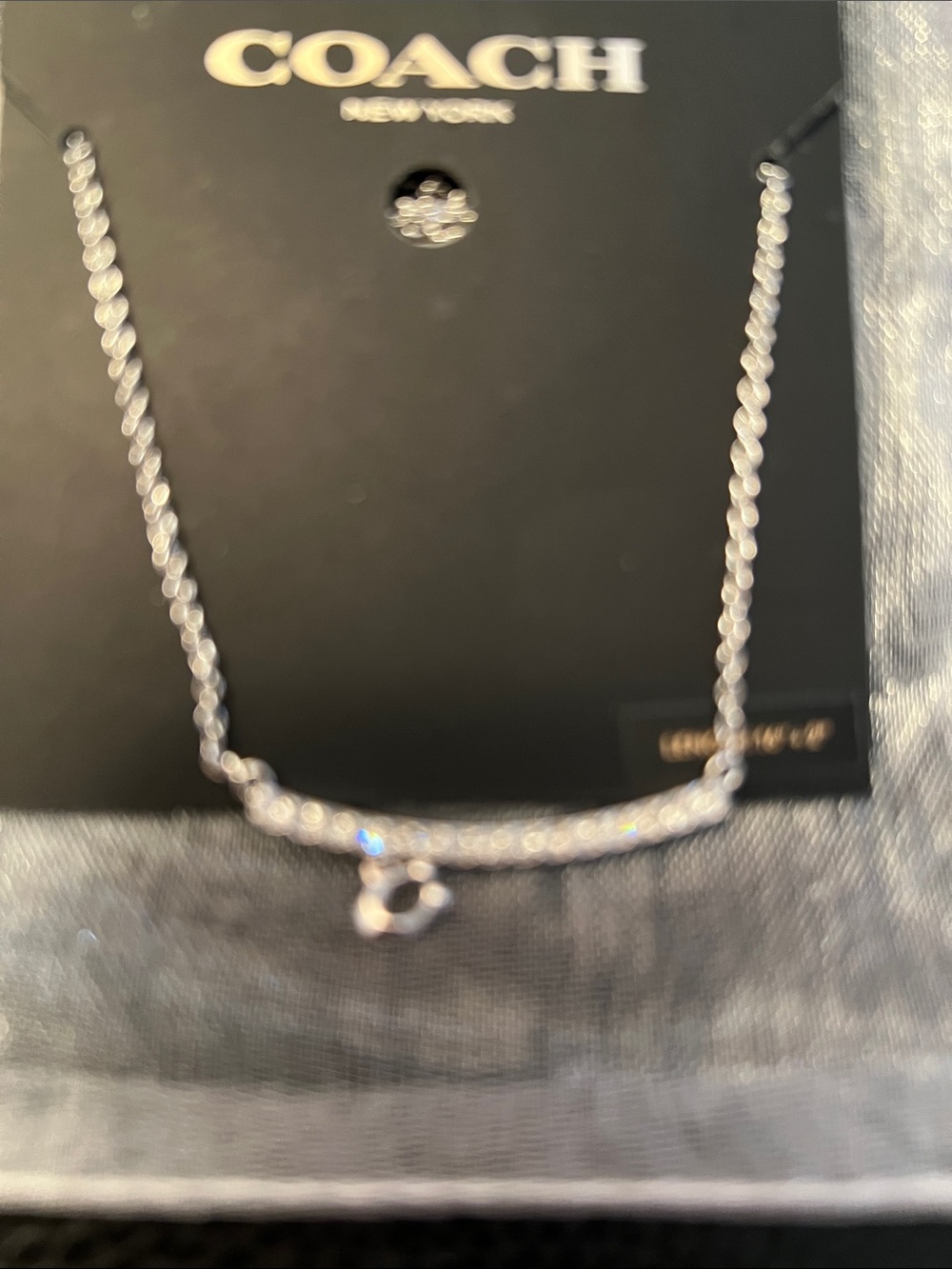 COACH Silver Pave Curved Bar Necklace with Tiny C Charm - Picture 2 of 6